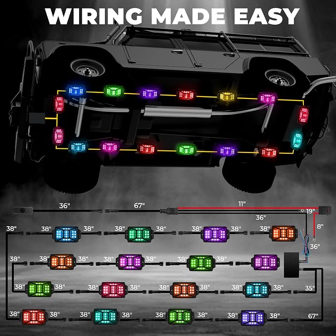 16 Pods Five Sided RGB Rock Lights for Trucks UTV SUV ATV Golf Cart, Multi Chasing Color App/2 Remote Control Led Rock Lights with Music Mode, Waterproof Exterior Underglow Kits for Cars(Patented)