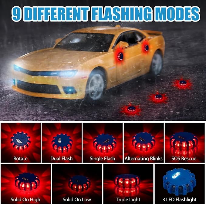 Tallew 4 Pack LED Road Flares Emergency Light Kit 9 Glow Modes Flashing Safety Warning Beacon Magnet Hook Vehicle Boat Truck Disc Magnetic Flash Cars Security Driveway Automotive Strobe (Blue)