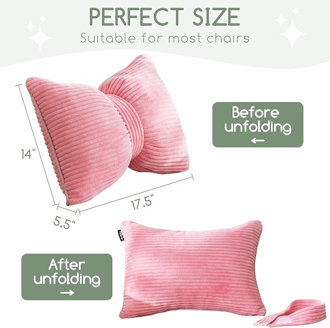 HIGOGOGO Lumbar Support Pillow for Recliner Chair, Bow Knot Shaped Back Support Cushion, Striped Corduroy Soft Decorative Lumbar Pillow for Office Chair, Sofa, Car, Bed, Living Room - Pink