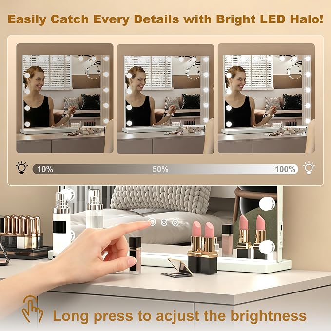 Lighted Vanity Mirror with Lights — 15 LED Bulbs 3 Color Modes Touch Control Makeup Mirror with Detachable 10X Magnifying Mirror, Tabletop & Wall Mount for Bedroom Dressing Table