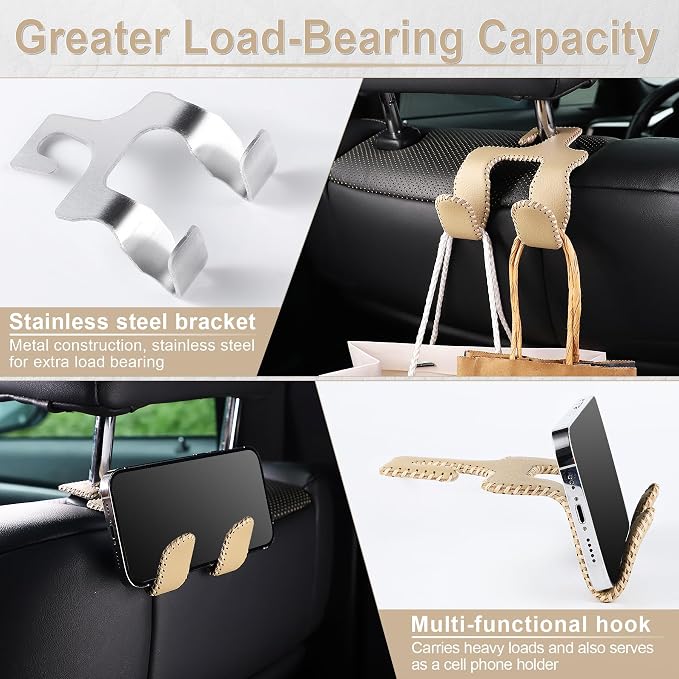 LivTee Upgraded Superior Leather Car Seat Back Headrest Hook, 2 in 1 Auto Seat Hook Hangers Holder Organization Interior Accessories for Purses Coats Umbrellas Grocery Bags Handbag (Beige)