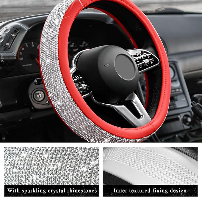 Diamond Leather Steering Wheel Cover, 15 Inch Bling Crystal Rhinestone Anti-Slip Wheel Protector, Universal Sparkling Elegant Diamond Steering Wheels Cover for Women Girl (White&Red)