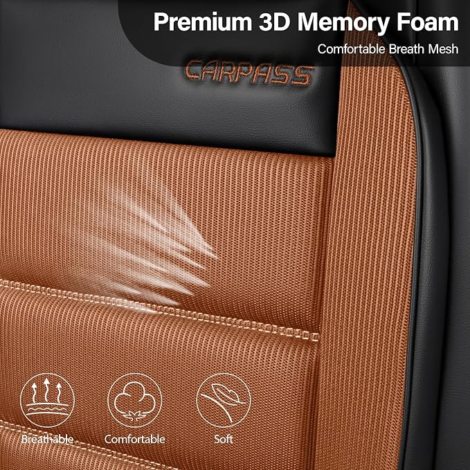 CAR PASS Memory Foam Seat Covers Front, Airy Cool Mesh Thick Car Seat Covers, Leather Car Seat Covers Front Seats Airbag Compatible, Universal Automotive Comfort for Most Cars, Trucks, SUV, Brown