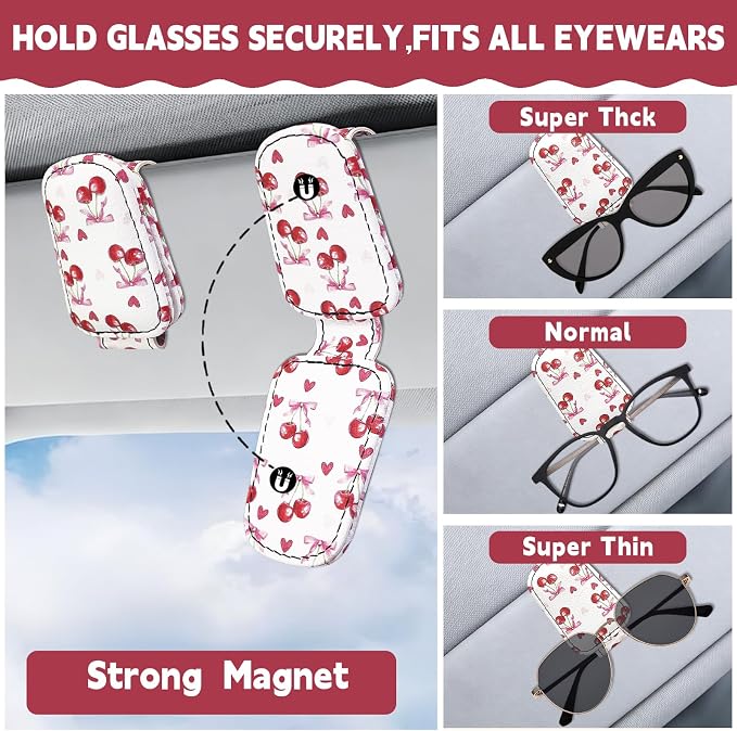 1Pcs Car Tissue Holder and 2 Pcs Sunglass Holder for Car,Magnetic Leather Sunglasses Holder Car Sun Visor Glasses Hanger Clip,Car Interior Accessories for Women(White Cherry)