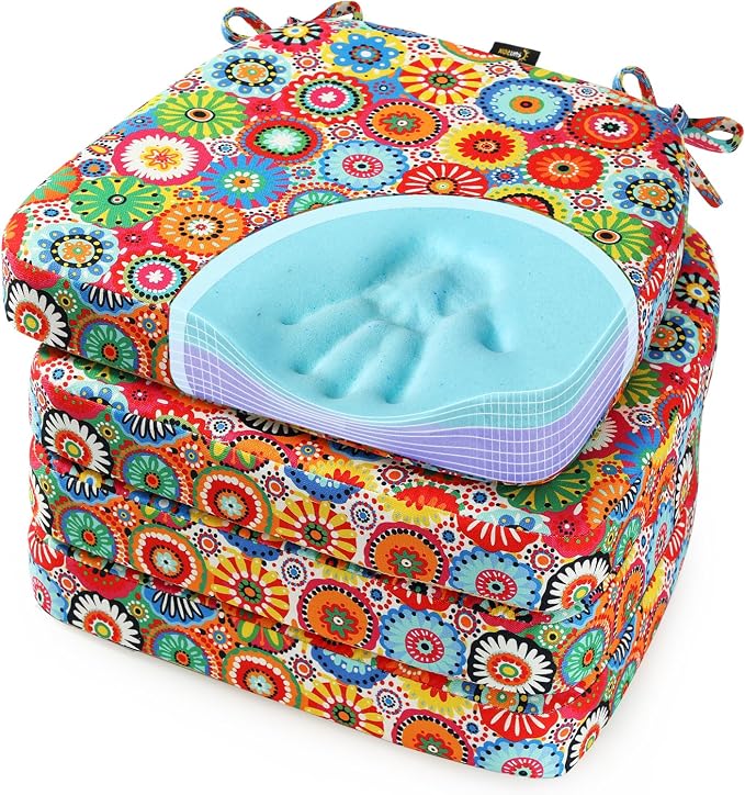 SUNROX Cooling Gel Memory Foam Chair Cushions, 2.6" Thick U-Shaped Dual-Layer Comfort Dining Chair Pads, Non Slip Seat Cushion with Ties for Indoor Kitchen Office 17"x16" Set of 4, Circle Flower