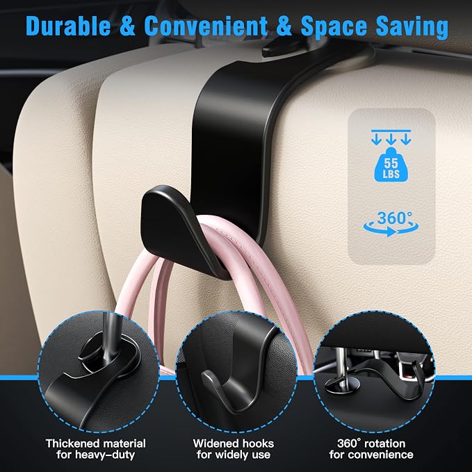 Amooca 4-Pack Car Headrest Hooks –Holds 55lbs Vehicle Storage Organizer for Purses Handbags Groceries Backpack Coats 360° Rotating Black