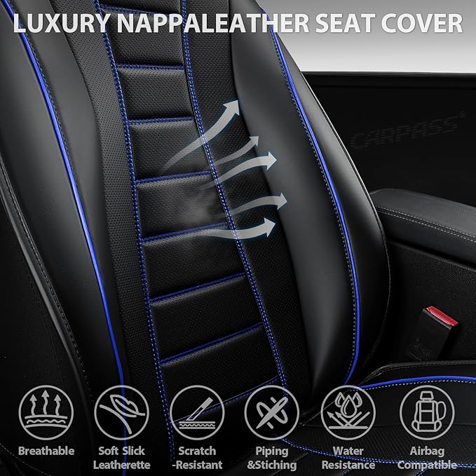CAR PASS Nappa Leather Seat Covers, Universal FIT Piping Leather Car Seat Cover Full Set for Cars,SUV,Truck 3D Foam Waterproof Leather Seat Covers 5 Luxury Comfy Durable Airbag Compatible Black Blue