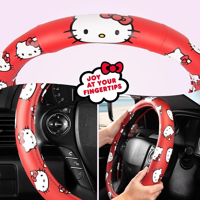 Hello Kitty Steering Wheel Cover Official Sanrio Car Accessory Universal Size 14.5 to 15 Inch Cute Red Design for Women Girls Sedans SUVs Trucks, Anti-Slip Grip, Stretch-Fit Design