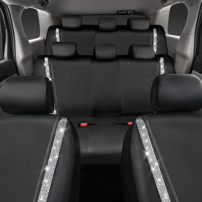 CAR PASS Bling Diamond Car Seat Covers, Shining Rhinestones Waterproof Faux Leather, 8 Seats 3 Rows with Zipper Glitter Crystal Sparkle Strips Universal Fit 95% MPV,SUV,CAR for Women Girl, Silver
