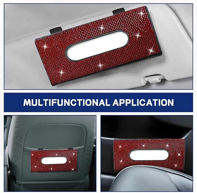 Bling Car Tissue Holder for Sun Visor, Crystal Rhinestone Visor Tissue Box, Leather Vehicle Paper Towel Case, Sparkling Auto Napkin Holder for Women, Car Accessories Decoration (Red)