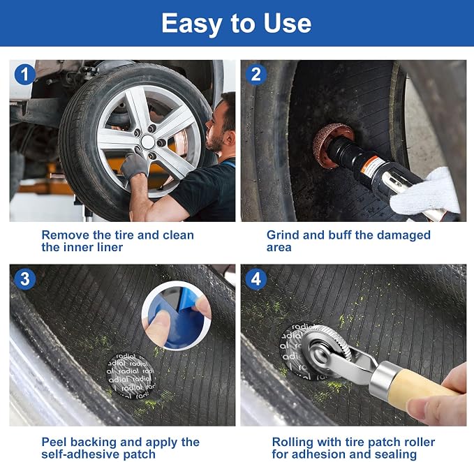 Linkstyle 67PCS Tire Repair Kit Heavy Duty, 32/42/58mm Tire Patch Kit, Flat Tire Repair Tools with Buffing Wheel, Roller and Scraper, for Car Motorcycle Bike