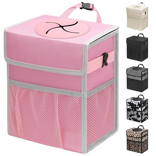Capolo Car Trash Can with Lid, Leakproof Car Trash Bag Hanging Waterproof Automotive Garbage Can with Storage Pockets Mini Vehicle Trash Bin for Back/Front Seat(Pink,3 Gallon)