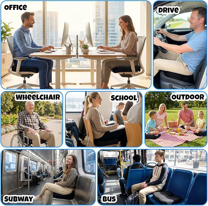 Ergonomic Seat Cushion with Memory Foam for Office Chair, Car Seat, Sciatica & Tailbone Relief, Non-Slip Cushion,Breathable Mesh Cover, Portable Handle - Black