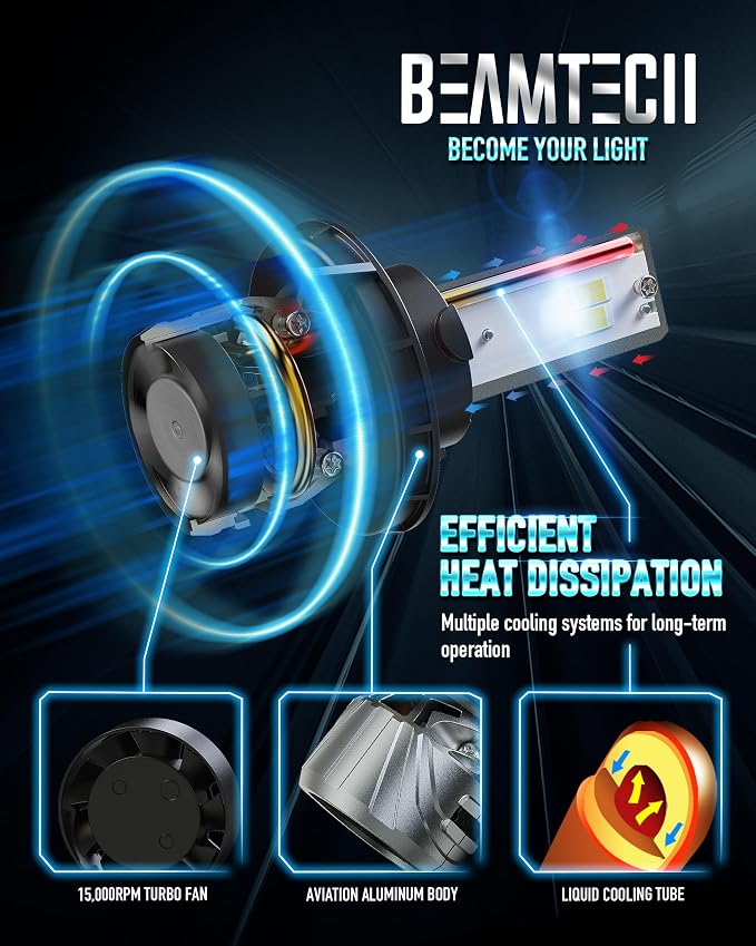 BEAMTECH H13 Bulbs, 800% Brighter High Speed Fan 6500K Light, Pack of 2 | 9008 Light Bulb, 50,000h Lifespan, 15,000rpm Turbo Fan, Liquid Cooling Tube, Aviation Aluminum Body