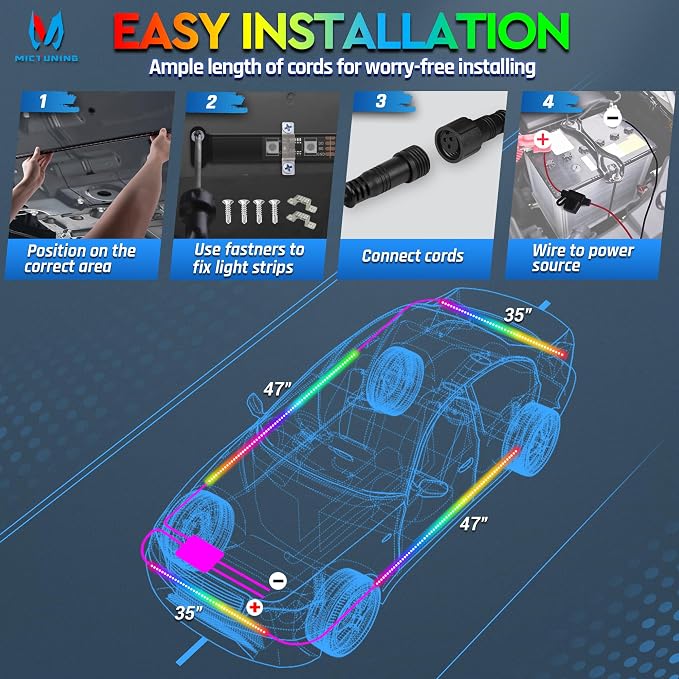 MICTUNING N3 Car Underglow Light Strip Kit, Chasing Dream RGB+IC LED, Exterior Lighting Accessories Underbody Multicolor Neon Accent Light Bar, App Control, IP68 Waterproof, 4PCS 2 Years Warranty