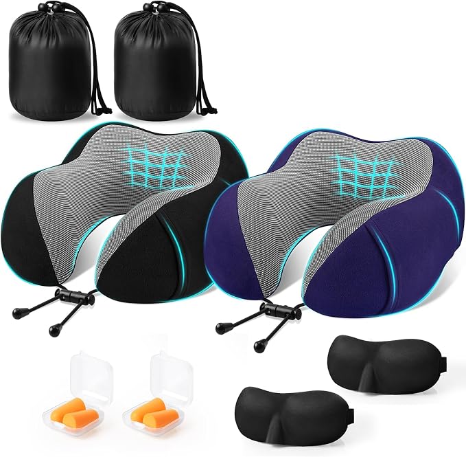 CloudBliss Travel Pillows for Airplane, 2 Pack Memory Foam Neck Pillows for Travel, Compact Neck Pillow for Long Flight, Car & Office, Plane Accessories with Eye Mask, Earplugs, Carry Bag, Black &Navy