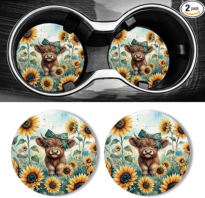 WOCOCN Car Coasters for Cup Holders - 2 Pack 2.75" Universal Rubber Car Cup Coaster, Non-Slip Waterproof Car Interior Accessories, Cute Car Decor Gifts for Women and Men (Calf & Sunflower)