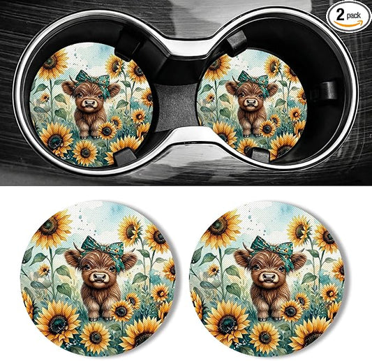 WOCOCN Car Coasters for Cup Holders - 2 Pack 2.75" Universal Rubber Car Cup Coaster, Non-Slip Waterproof Car Interior Accessories, Cute Car Decor Gifts for Women and Men (Calf & Sunflower)