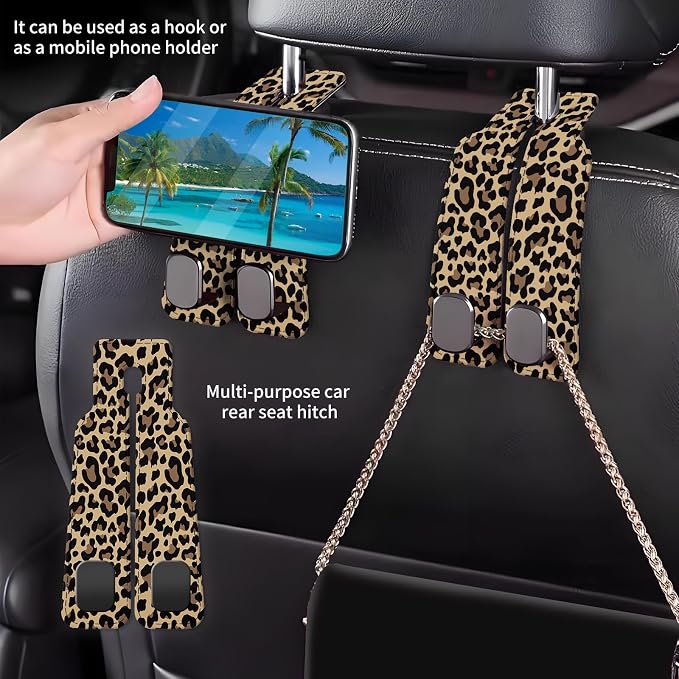 Car Seat Back Storage Headrest Hook, Premium Leather Double Metal Hook, Hanger Storage Organizer for Purse Cloth Bag, Car Interior Accessories Luxury Brown Leopard