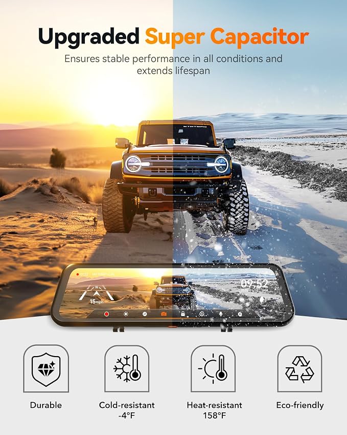 WOLFBOX G900 Tripro 3 Channel 4K Rear View Mirror Camera,8MP STARVIS IMX678 | 256GB Card,12'' 4K+1080P+2.5K Front Inside and Rear,Cabin Version,Night Vision,5.8GHz WiFi,Voice Control,GPS,Car Truck SUV
