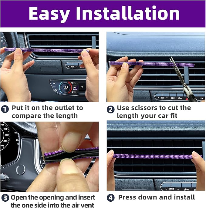 NBTEPEM Bling Car Air Conditioner Decoration Strip for Vent Outlet, 10 PCS Universal Rhinestone Car Vent Outlet Trim Decorations, Bling Interior Accessories for Women and Girls (Purple)