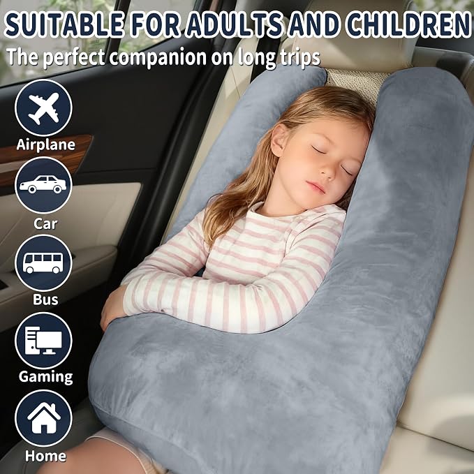 Travel Pillow,Car Pillow for Kids on Road Trip,Head and Neck Support,Black | Car Travel Essentials Sleeping Pillow for Kids and Adults with Adjustable Strap,Plush Faux Fur, High-Resilience PP Cotton