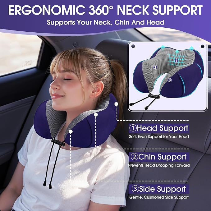 CloudBliss Travel Pillows for Airplane, 2 Pack Memory Foam Neck Pillows for Travel, Compact Neck Pillow for Long Flight, Car & Office, Plane Accessories with Eye Mask, Earplugs, Carry Bag, Black &Navy