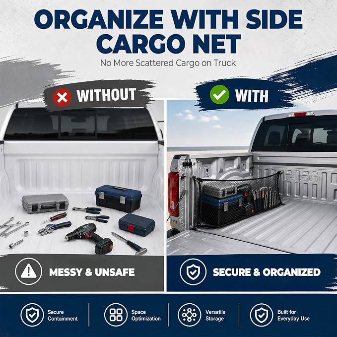 Side Cargo Net for Honda Ridgeline 2017+, Chevy Colorado,GMC Canyon 2023+ | Heavy Duty Mesh Tailgate Net for Tools,Groceries,Keeping Truck Beds Tidy. Firm Grip Prevents Cargo From Sliding While Driving