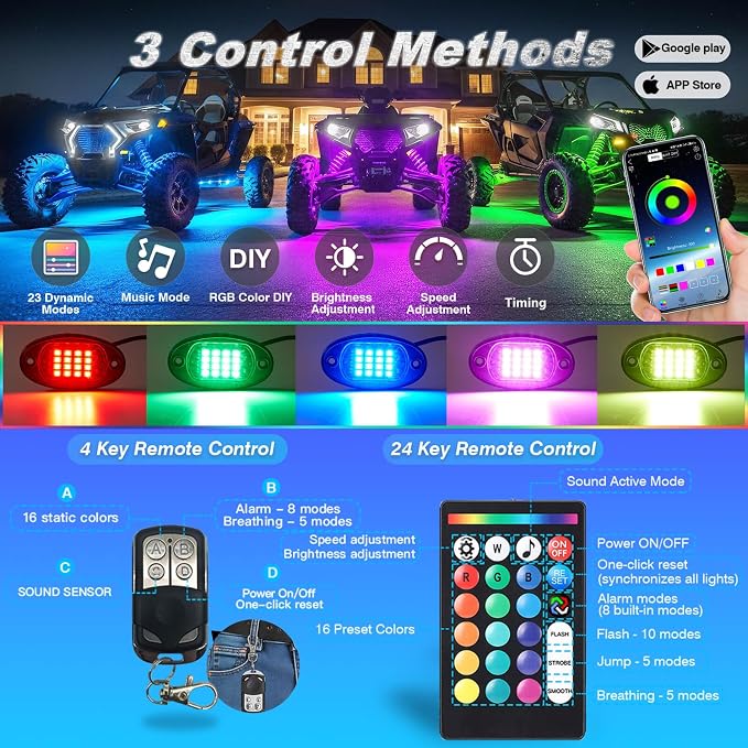 6Pods Segmented RGB LED Rock Lights Kit for ATV UTV 4 Wheeler Can-Am SXS RZR Side By Side Offroad Golf Cart with APP/RF Remote, Multicolor Bright Underglow Light Waterproof Vehicle Music 12V Underbody