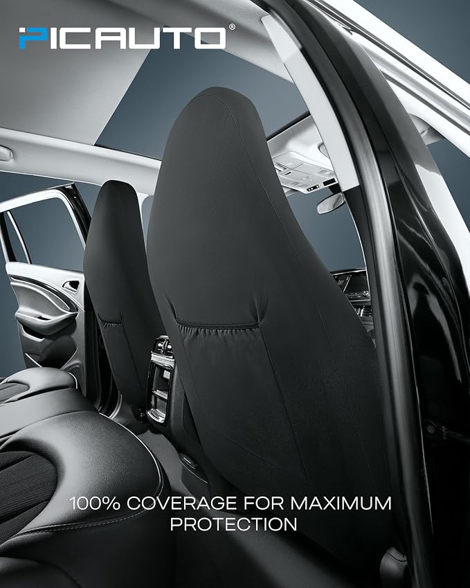 PIC AUTO Leather Car Seat Covers, Sports Carbon Fiber & Mesh Design, High-Back Two Front Set, Waterproof Automotive Seat Covers, Airbag Compatible, Universal Fit for Most Cars (Black & Blue)