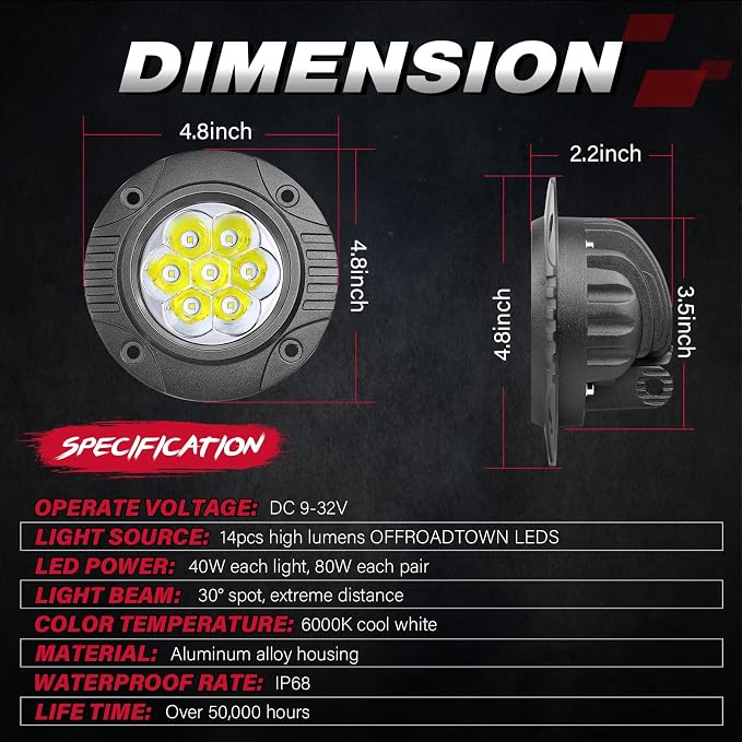 OFFROADTOWN 2PCS 5Inch 80W Round Flush Mount LED Pods Driving Lights Work Light Flush Lights Bar Super Bright Fog Light Off Road Lights for Truck Pickup UTV ATV SUV Boat 4x4 Car