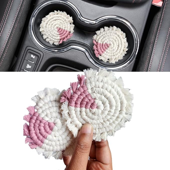 Cotton Car Coasters for Cup Holders, 2PC Car Cup Coasters, Drink Coaster Holder, Cute cupholder Coaster Accessories for Women, Macrame, Boho (Blush Blossom)