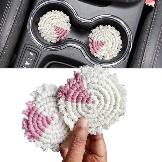 Cotton Car Coasters for Cup Holders, 2PC Car Cup Coasters, Drink Coaster Holder, Cute cupholder Coaster Accessories for Women, Macrame, Boho (Blush Blossom)