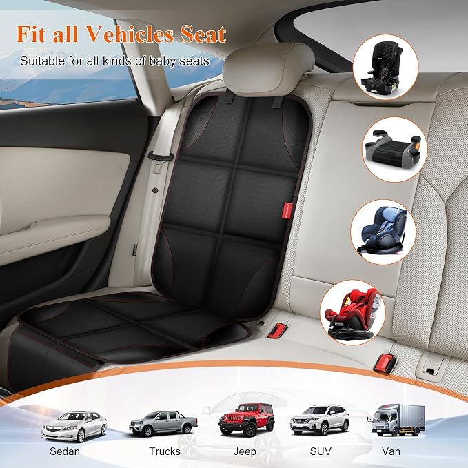 Car Seat Protector, 600D Fabric Car Seat Cover with Thicker Pad,Waterproof | Non-Slip Backing,Car Seat Cushion for Child Car Seat,Carseat Protector Car Seat Cover Under Baby Car Seat ,Pocket,Black, 1PCS