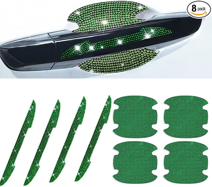 8Pcs Bling Rhinestone Car Door Handle Stickers Protector, Trim Auto Door Entry Guard Bling Stickers Car Accessories for Women and Men, Universal Car Accessories for All Cars (Green)