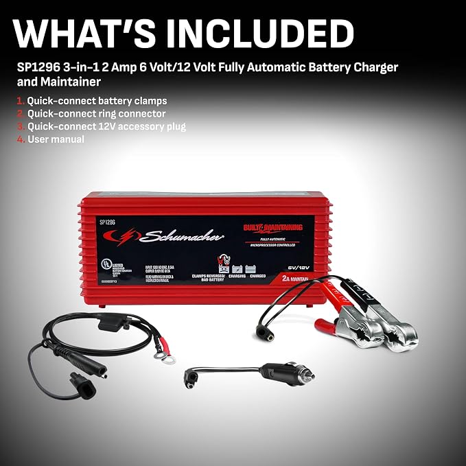 Schumacher Electric Battery Charger and Maintainer, SP1296, 3-in-1, Fully Automatic, 2 Amps, 6 Volt, 12 Volt, for Motorcycle, Power Sport, Car, and Marine Batteries (Pack of 2)