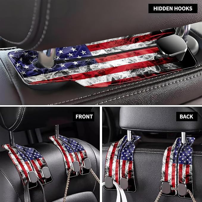 Car Headrest Purse Hanger Vintage National America Flag 1 Pack Bag Purse Holder for Car Premium Leather Double Metal Hook for Handbags, Grocery Bags and Phones