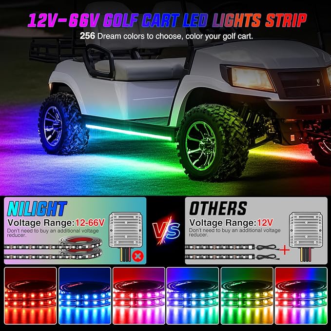 Nilight 2PCS Golf Cart Underglow LED Light Strip Dream Color Multi-Mode Neon Accent Lighting Kit APP and Remote Control Sound Active Music Sync IP67 Waterproof 12V-66V Input for EZGO Yamaha Club Car