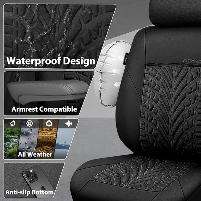 CAR PASS Neoprene Waterproof Seat Covers Full Sets, Wetsuit Car Seat Covers 5 Seats Universal Fit for Vans, Truck, SUV, 3D Tyre Embossed Seat Covers Anti Slip with Armrests, Aibag Compatible(Black)