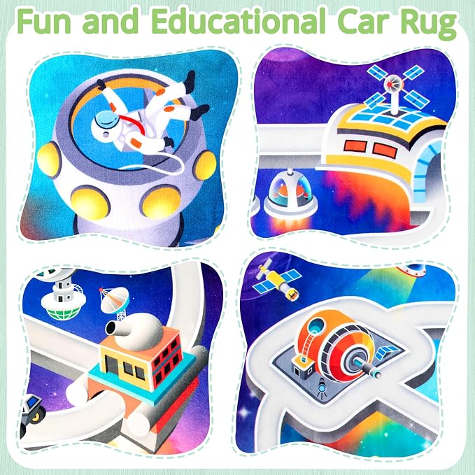 Kids Space Rug 3 x 5 Ft | Outer Space Road Play Mat with Planets & Rockets, Non-Slip Educational Carpet for Playroom