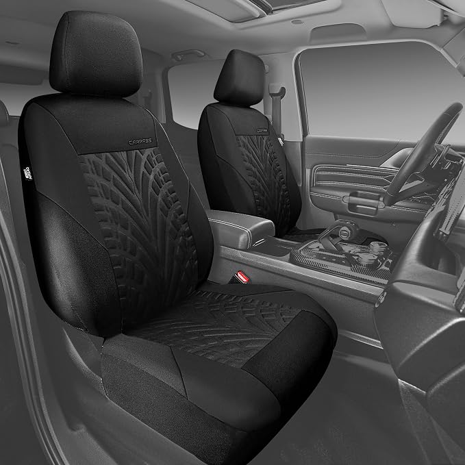 CAR PASS Car Seat Covers Two Front Only for Car, 3D Tyre Print Automotive Interior Covers, Airbag Compatible, Quick Setup Universal Fit Seat Covers for Car, Truck, SUV(Black)