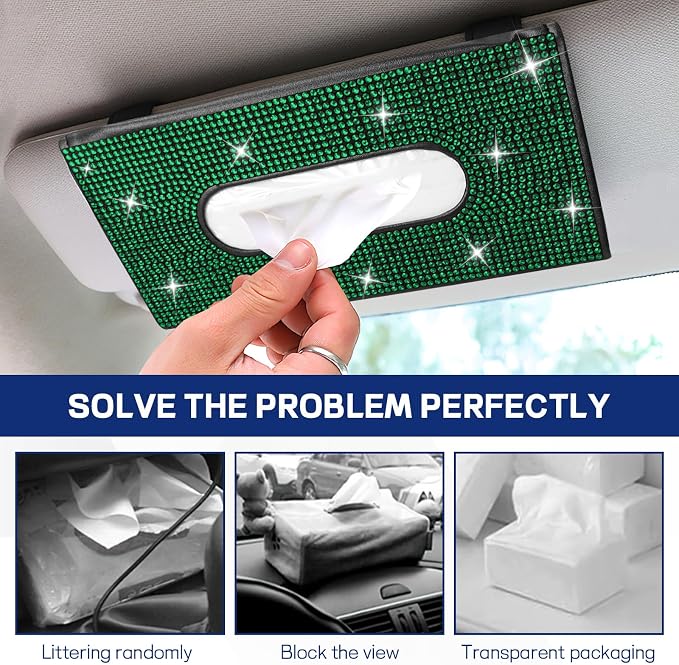 Bling Car Tissue Holder for Sun Visor, Crystal Rhinestone Visor Tissue Box, Leather Vehicle Paper Towel Case, Sparkling Auto Napkin Holder for Women, Car Accessories Decoration (Green)
