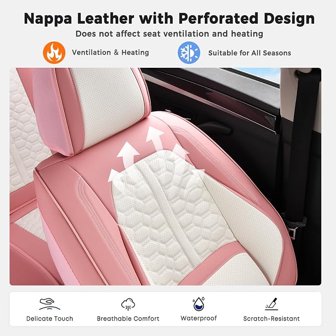 Huidasource Leather Seat Covers for Cars, Front and Rear Car Seat Covers Full Set, Waterproof Automotive Car Seat Cushion Cover 5 Seats Fit for Most Cars SUV Trucks, Pink & White