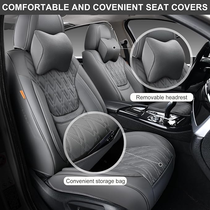 Car Seat Covers Front Pair, Breathable Leather Automotive Front Seat Covers with Headrest, Universal Automotive Vehicle Seat Cover for Most Sedan SUV Pick-up Trucks, Gray