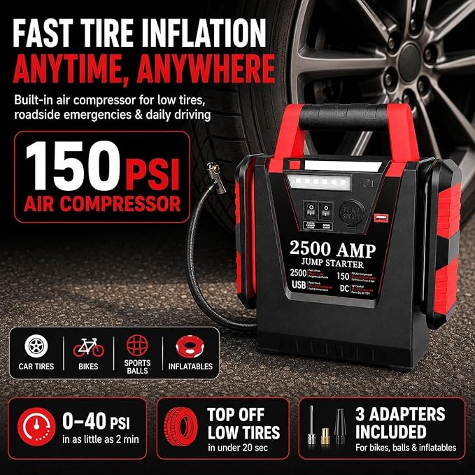 Jump Starter with Air Compressor,2500A Car Battery Jumper Starter 150 PSI Tire Inflator,6 in 1 Auto Lead-Acid Battery Booster Jump Starter for Up to 10.0L Gas or 8.0L Diesel with LED Light
