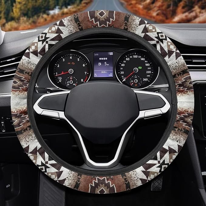 Wanyint Southwest Aztec Navajo Brown Auto Steering Wheel Cover Universal 15 Inch Anti-Slip Neoprene Southwest Tribal Car Steering Wheel Protector for Women Men
