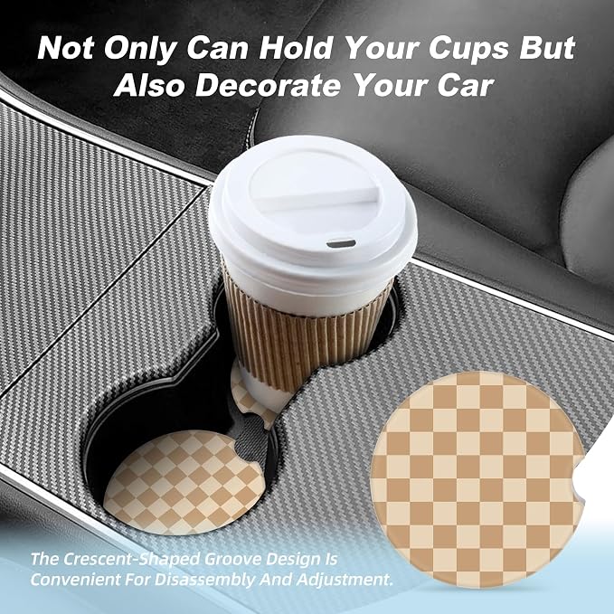 Brown and White Checkered Car Coasters for Cup Holders,2 Pack Car Cup Holder Coasters for Car,Ceramic Absorbent Car Coaster with A Finger Notch and Cork Base,Car Interior Accessories for Women Men