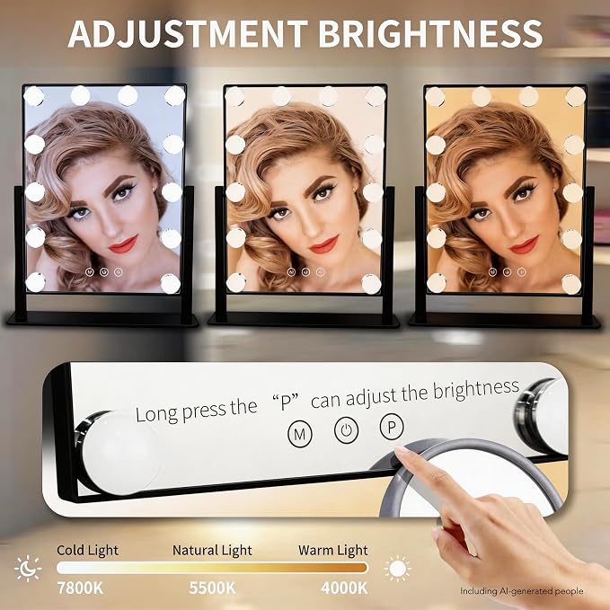 Makeup Vanity Mirror with LED Lights Makeup Mirror Detachable 10X Magnification, Hollywood Make Up Mirror with Lighting, Smart Touch, Rechargeable,360° Rotation, Black 17.12"x13.77"