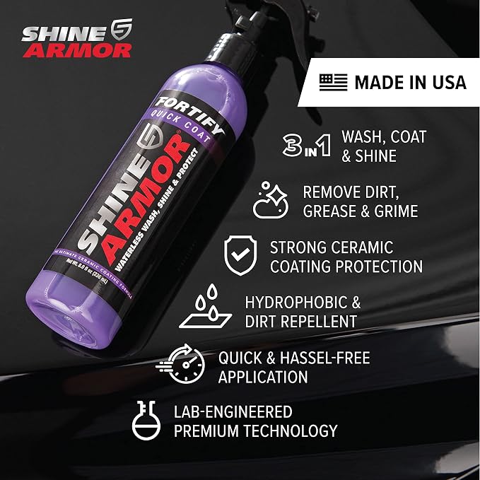 SHINE ARMOR Fortify Quick Coat - 8oz Ceramic Waterless Detailer Spray | 3-in-1 Wash, Wax & Nano-Ceramic Coating | Mirror Shine, Zero Streaks, No Dust Residue | 6-12 Month Protection | Made in USA | Spray On, Wipe Off. Ceramic Protection That Lasts 6 to...