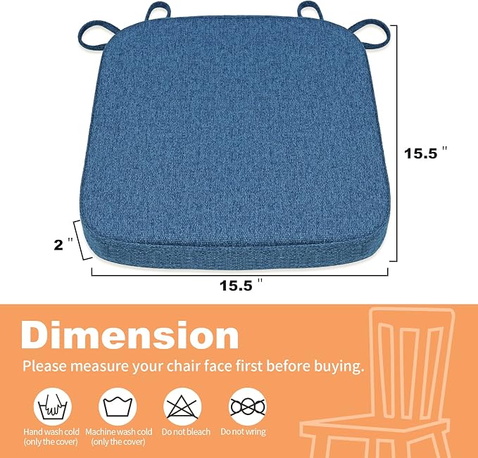 SINOSSO Memory Foam Chair Cushion for Folding Chair 1 Pcs, Thickened 2" Square Kitchen Chair Pad with Ties, Indoor Non-Slip Dining Chair Seat Cushion (1 Piece, Blue)